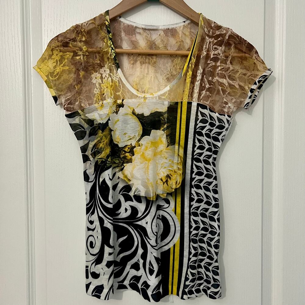 Vintage Y2K Cache | Short Sleeve Multicolor Floral Graphic Tee Lace Yoke | Small
